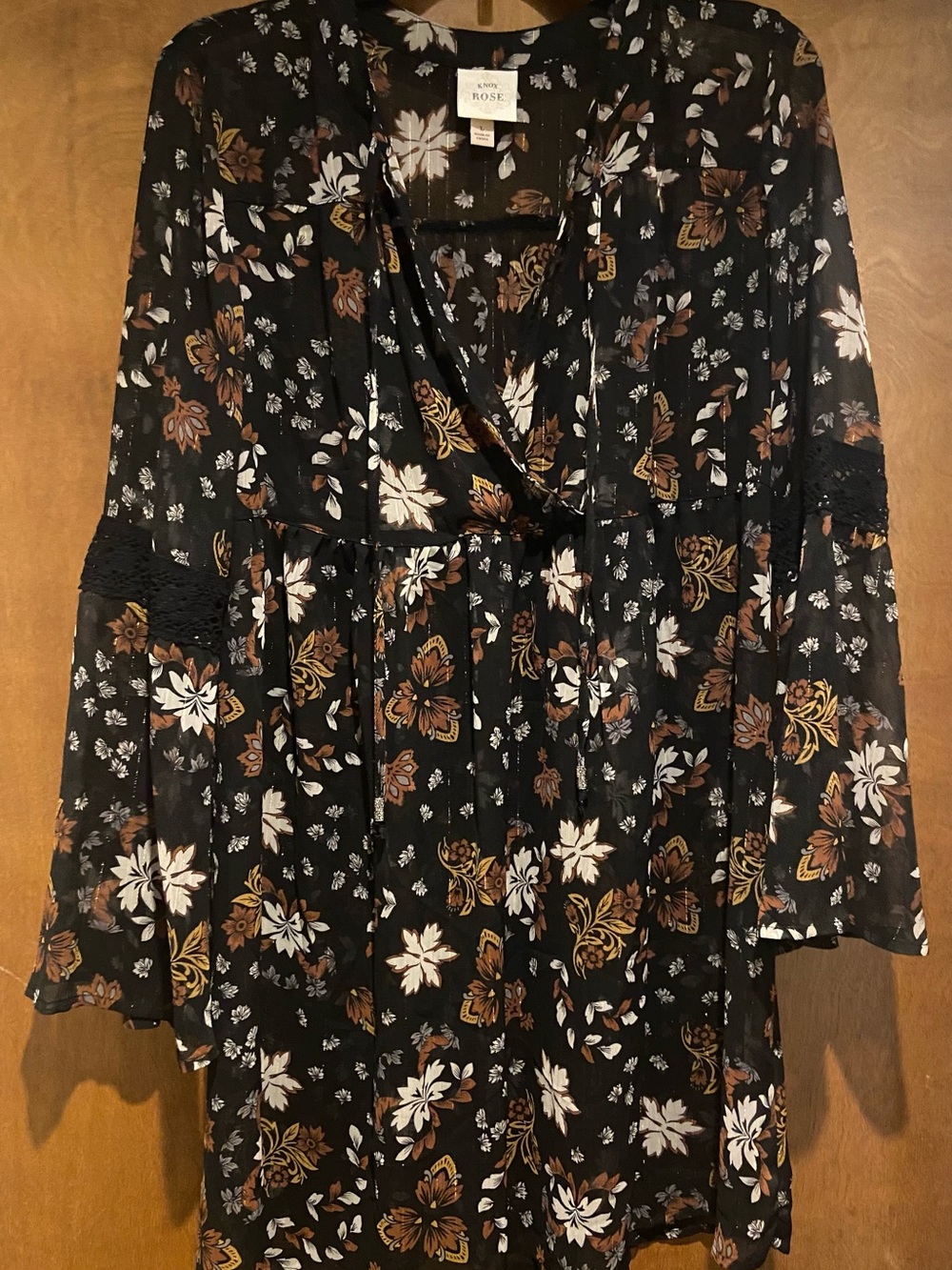 Knox Rose Black and Brown Floral V-Neck Sheer Sleeve Dress